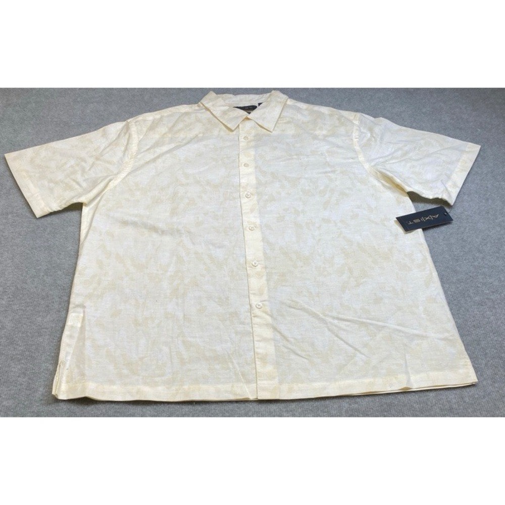 NWT Axist Button Down Shirt Mens XL Cream Leaf Print Linen Blend Short Sleeve